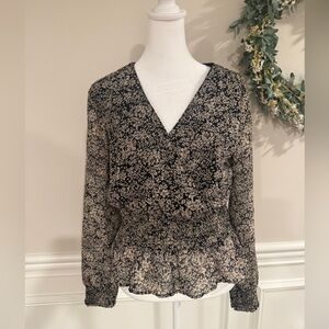 Japna Womens Floral  Smocked Peplum Blouse Black & Tan Medium